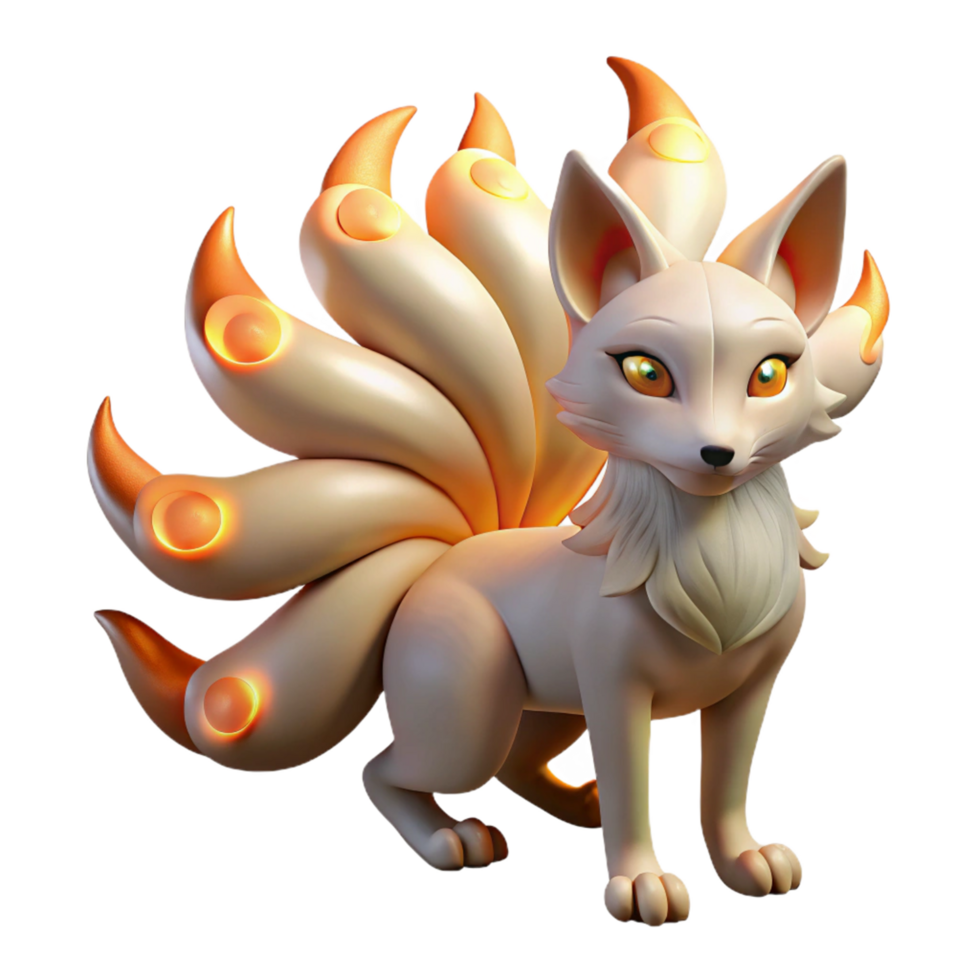 Nine Tailed Fox 3D Render of Mythical Creature with Illuminated Tail png