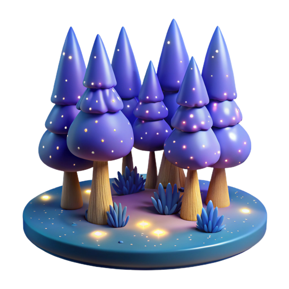 Enchanted Night Forest Glowing Trees, 3D Render png