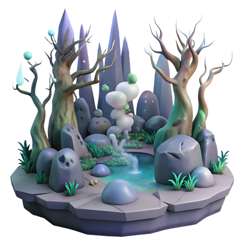 Enchanted Oasis 3D Render of Mystical Spring and Crystal Peaks png