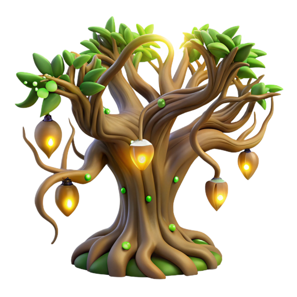 Illuminated Fantasy Tree 3D Render of a Magical, Glowing Tree with Luminous Fruit png