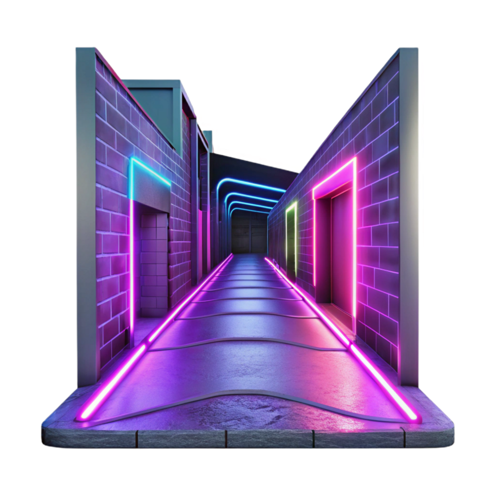 Neon Lit Brick Alleyway A Cyberpunk Style 3D Render png