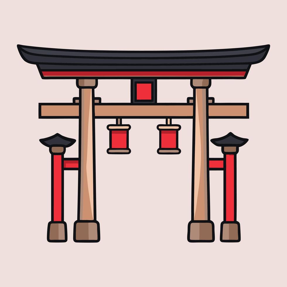 Japanese Tori gate with red and black lanterns vector