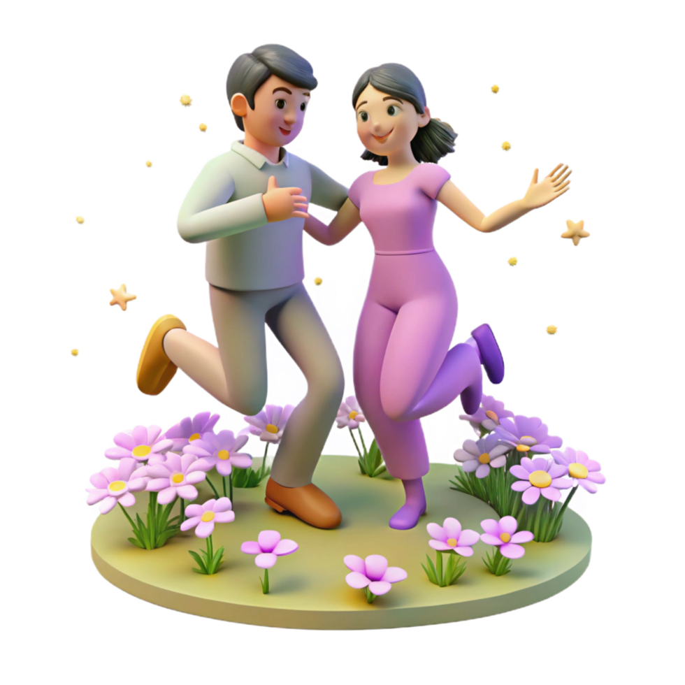 Joyful Couple Dancing in a Flower Garden 3D Render png