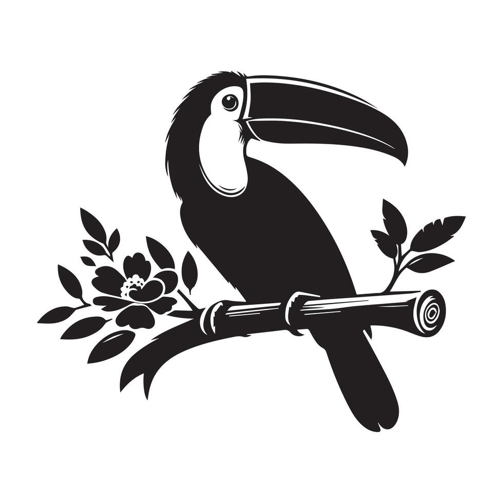toucan bird on branch with flowers and leaves vector