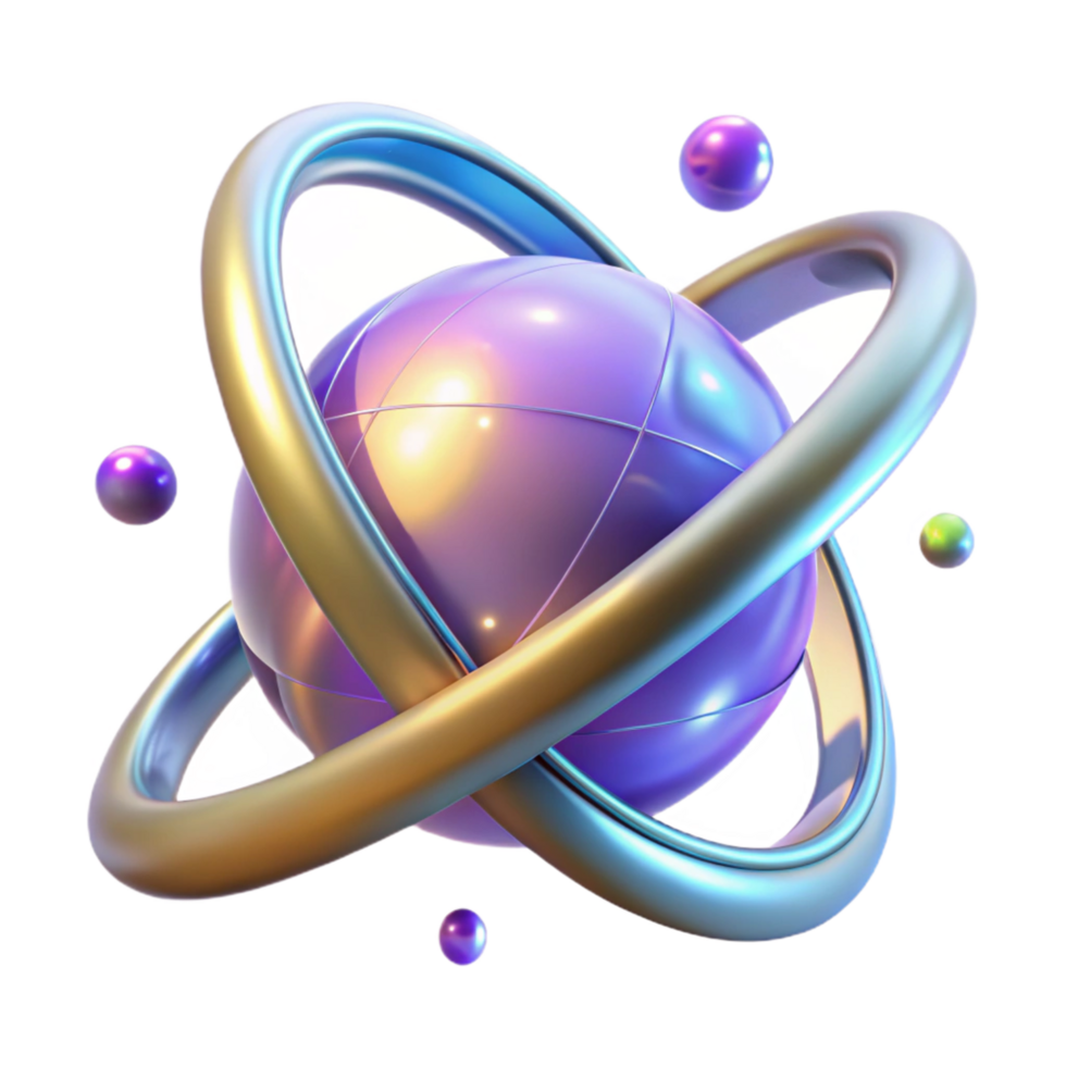 Abstract 3D Render Iridescent Sphere with Orbiting Rings png
