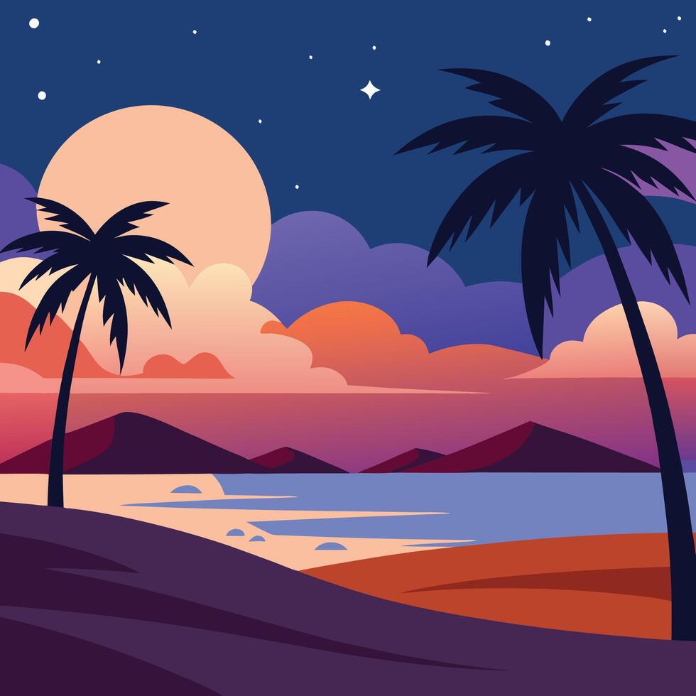 tropical sunset landscape with palm trees and mountains vector