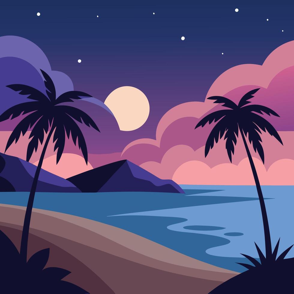 tropical night landscape with palm trees and moon vector