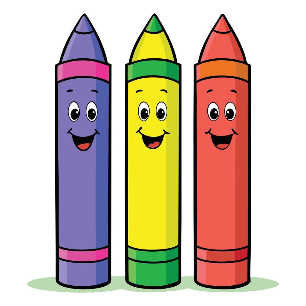 three colorful crayons with smiling faces vector