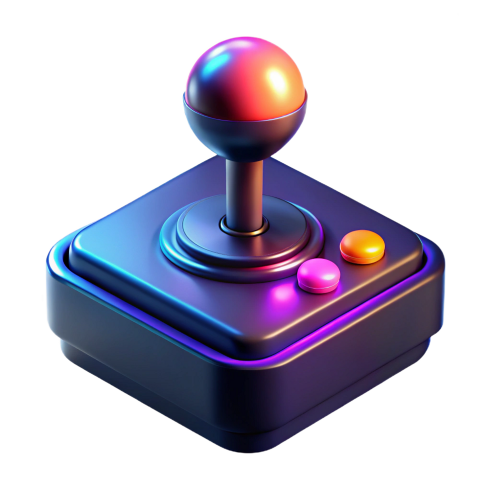 Retro Gaming Joystick 3D Render of Classic Arcade Controller with Neon Lights png