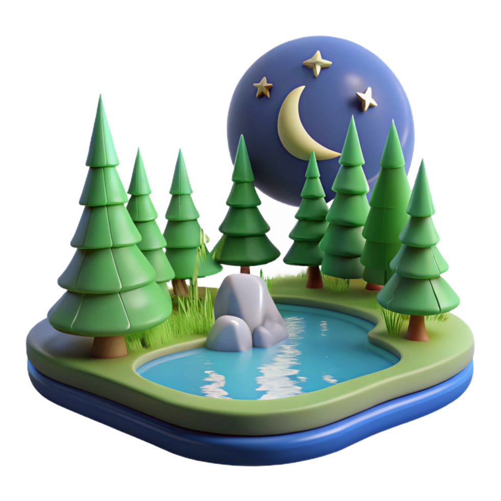 Nighttime Forest Pond 3D Render Serene Moonlit Scene with Evergreen Trees png