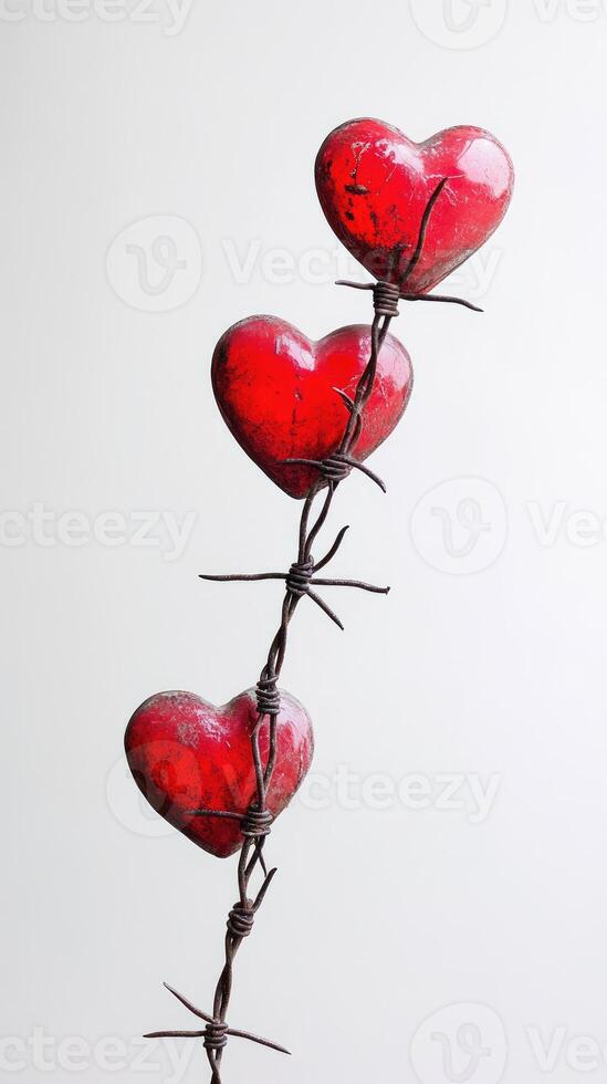 Red glass hearts pierced by barbed wire on white background photo
