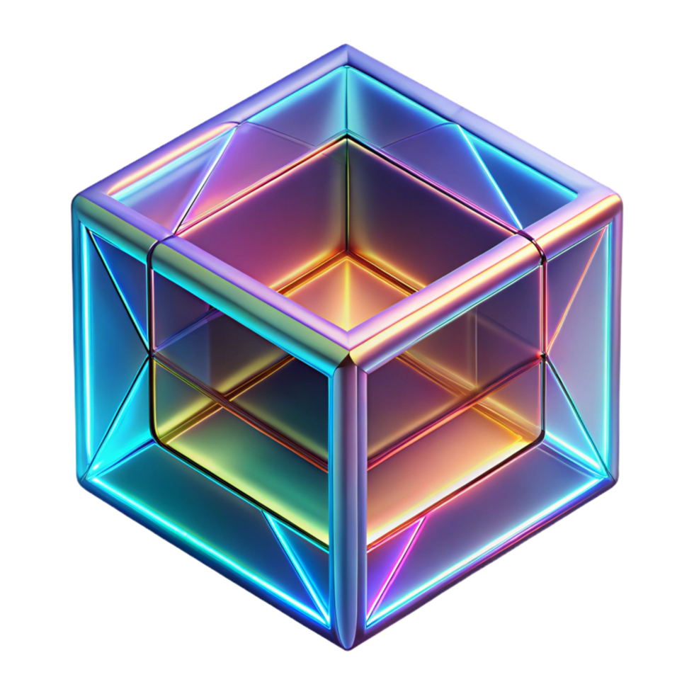 Abstract Cube Neon Glow, 3D Render, Geometric Prism, Iridescent Surface, Shiny Metal, Colorful Light, Virtual Reality, Digital Art png