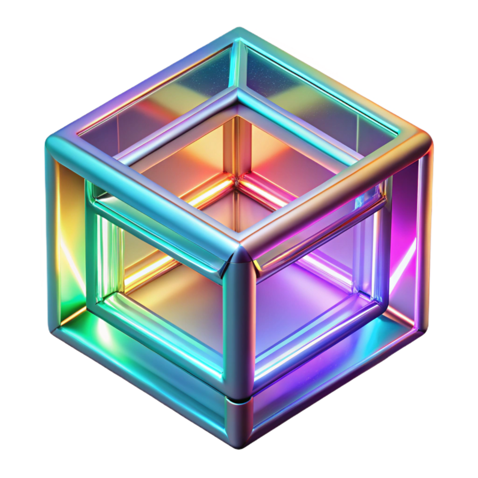 Abstract Cube Iridescent, Geometric, 3D Render, Colorful, Shiny, Metal, Frame, Glow, Light png