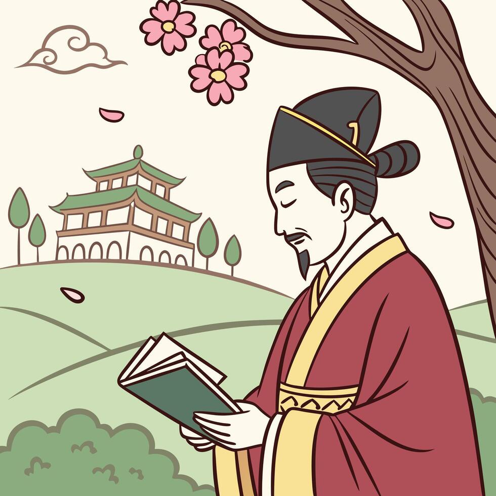 a man in traditional Chinese clothing reading a book vector