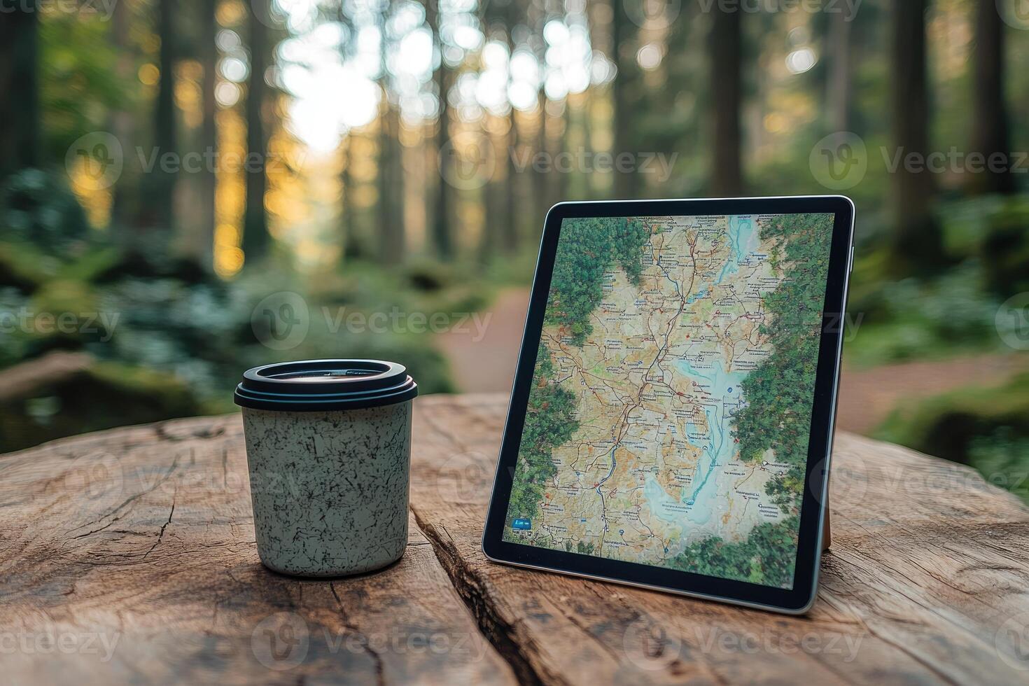 Tablet showing map and reusable coffee cup standing on tree stump in forest photo