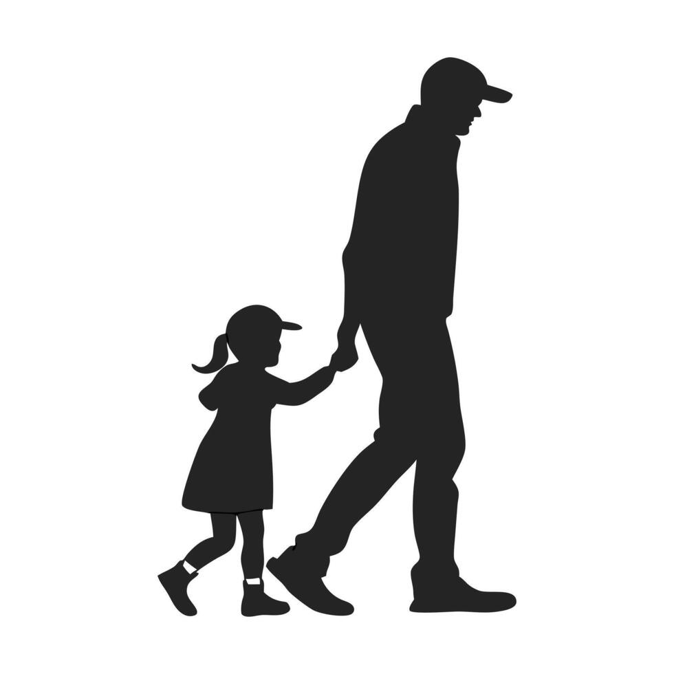 silhouette of a man and a little girl walking together vector