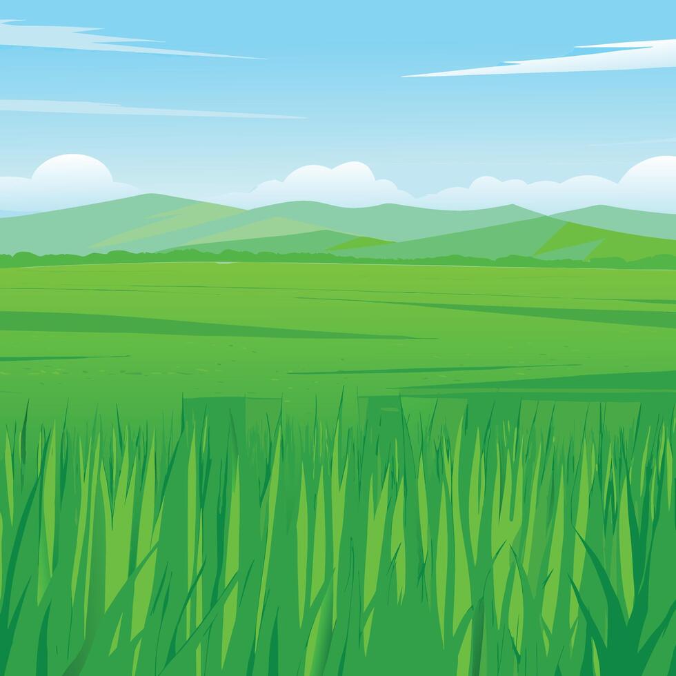 illustration of a green field with mountains in the background vector