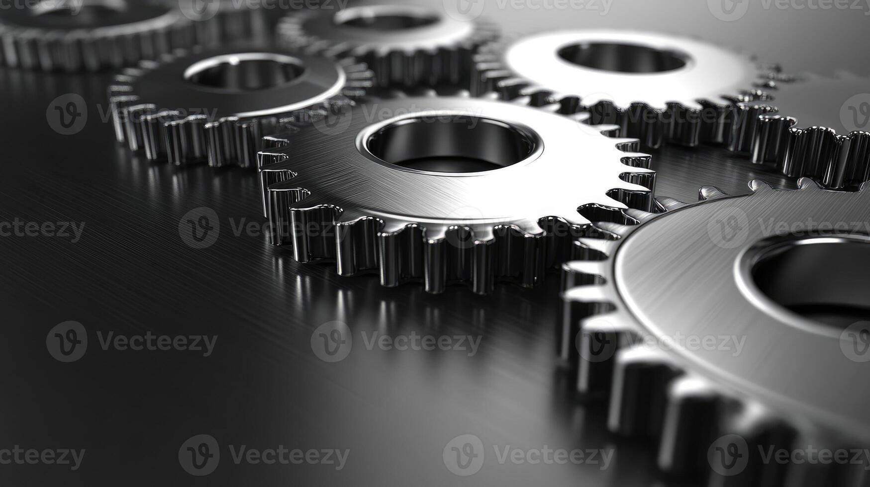 Interlocking metal gears working together on dark background. photo