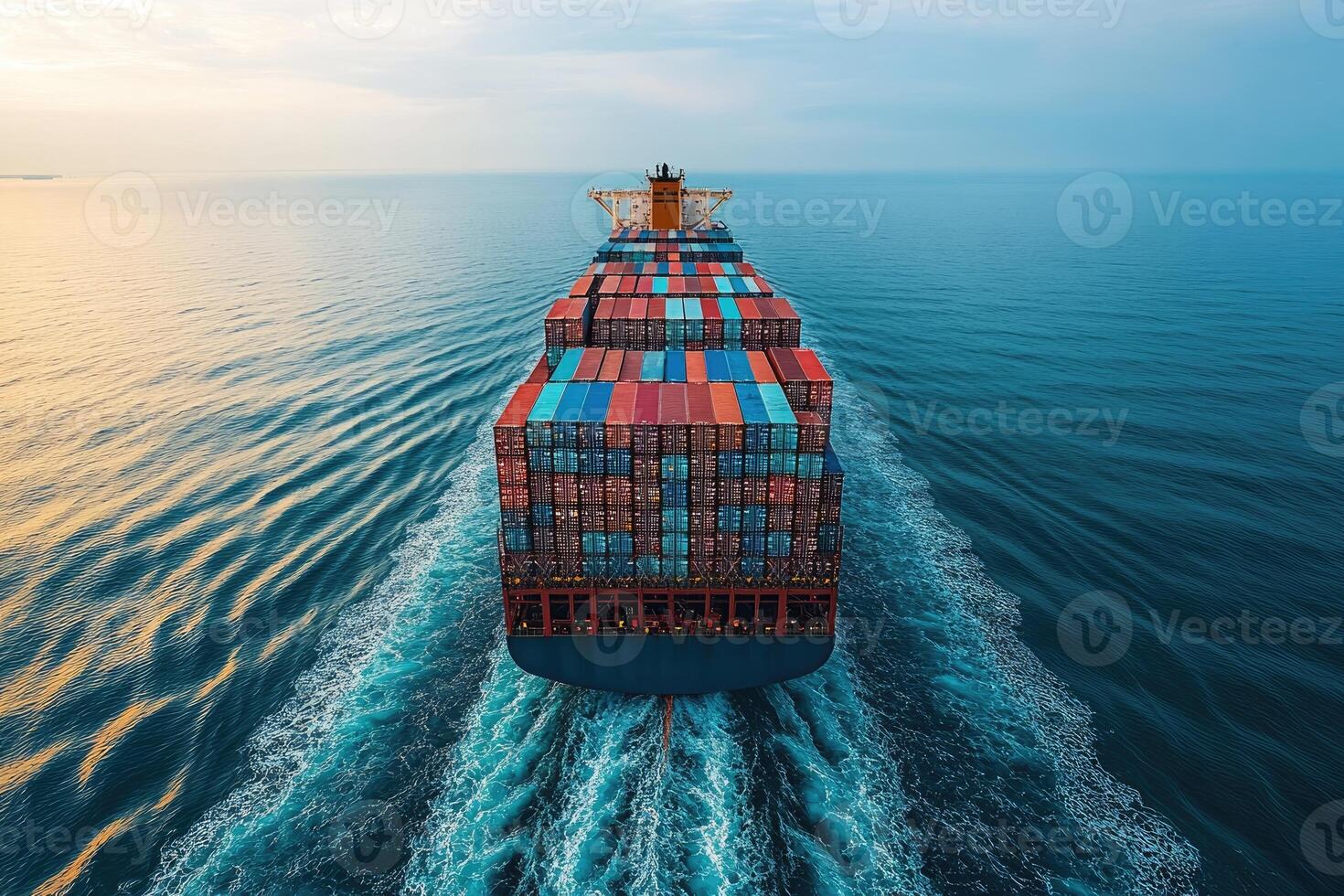 Large container ship sailing on open ocean at sunset photo