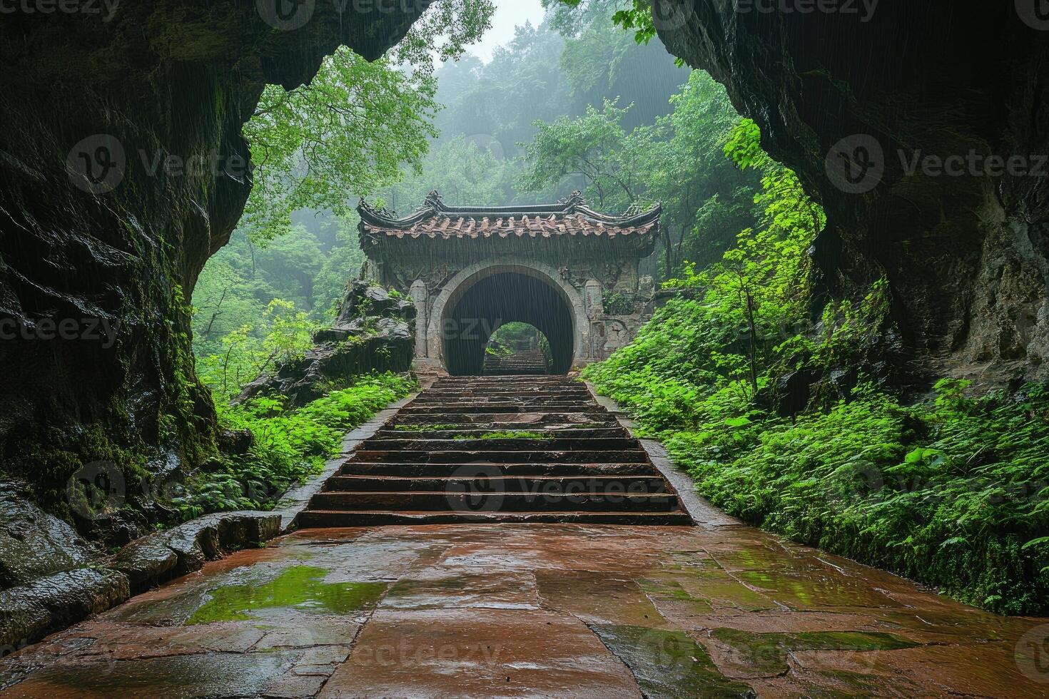 Stone stairway leading to ancient archway in wulong karst, china, during a rainy day photo