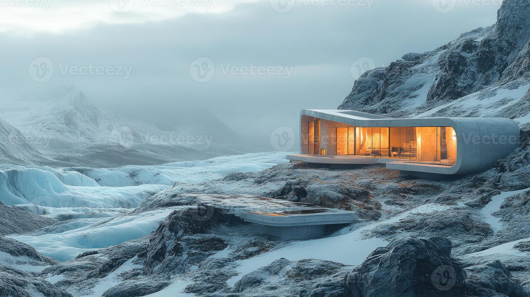 Modern house illuminating snowy mountain and glacier landscape photo