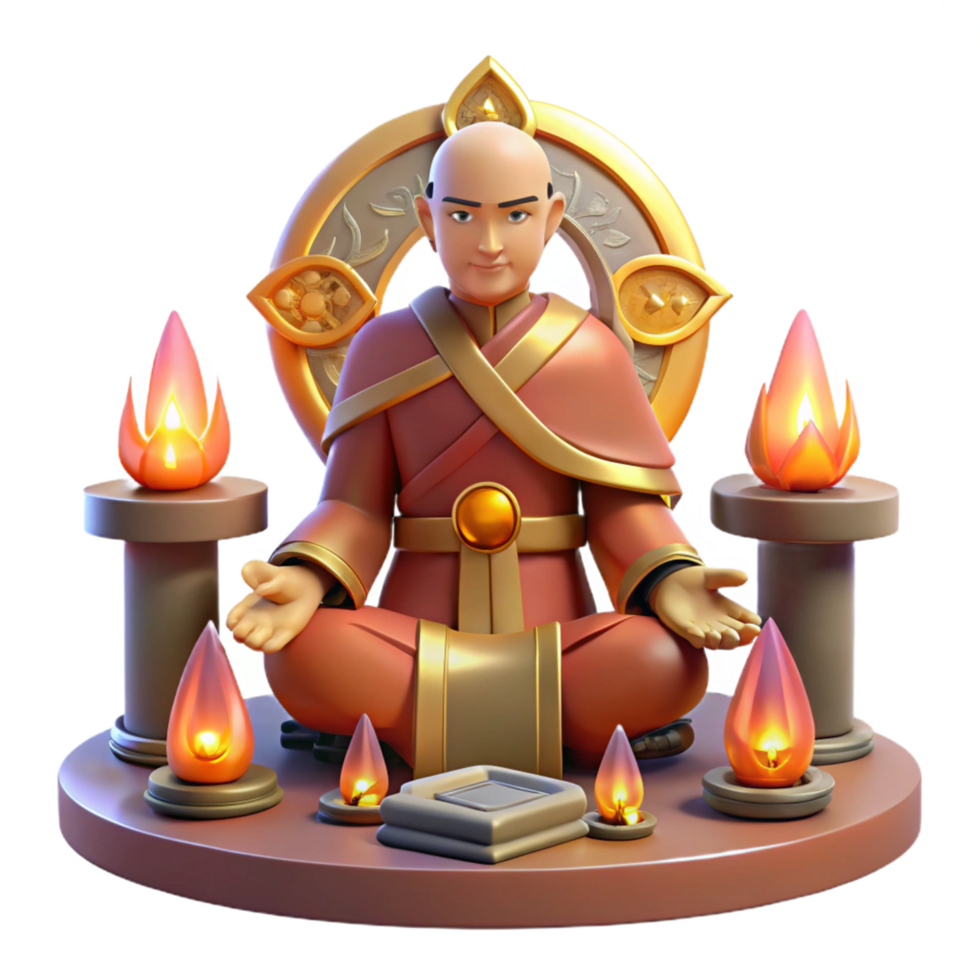 Serene Monk in Ornate Setting 3D Render of Spiritual Figure png