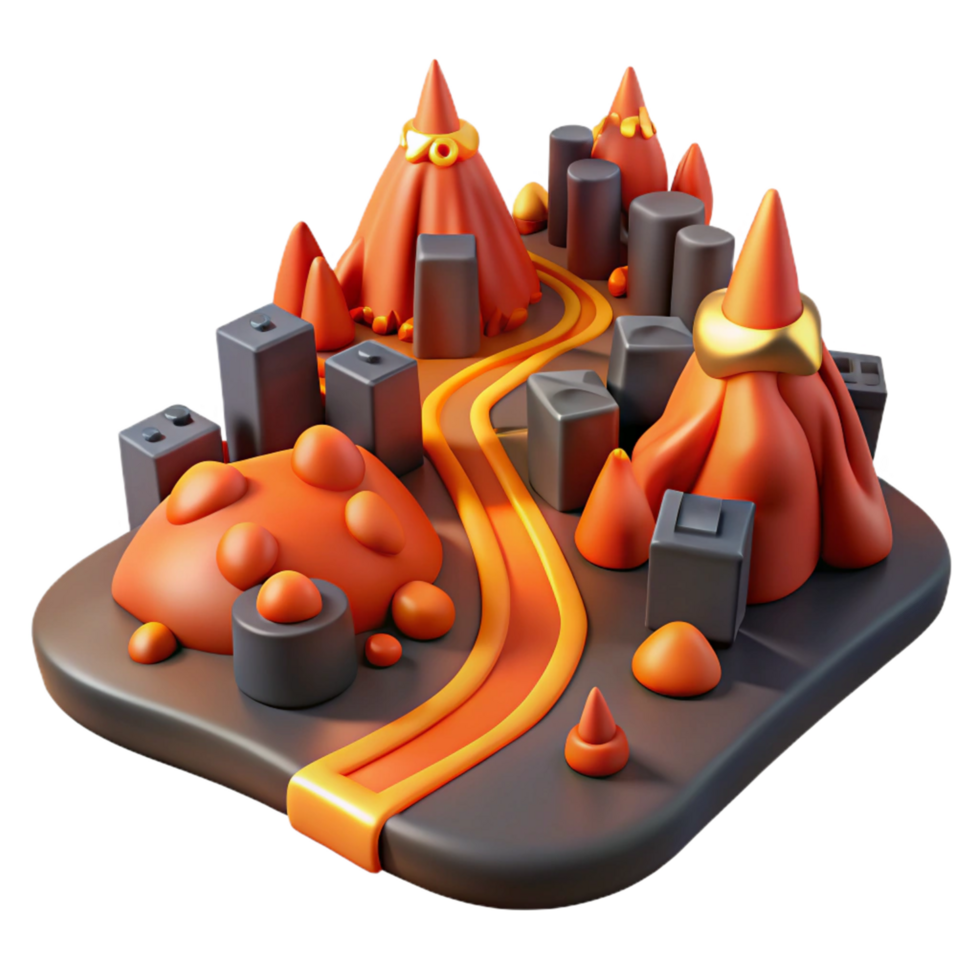 Abstract 3D Render of a Cityscape with Conical Structures and Lava like Features png