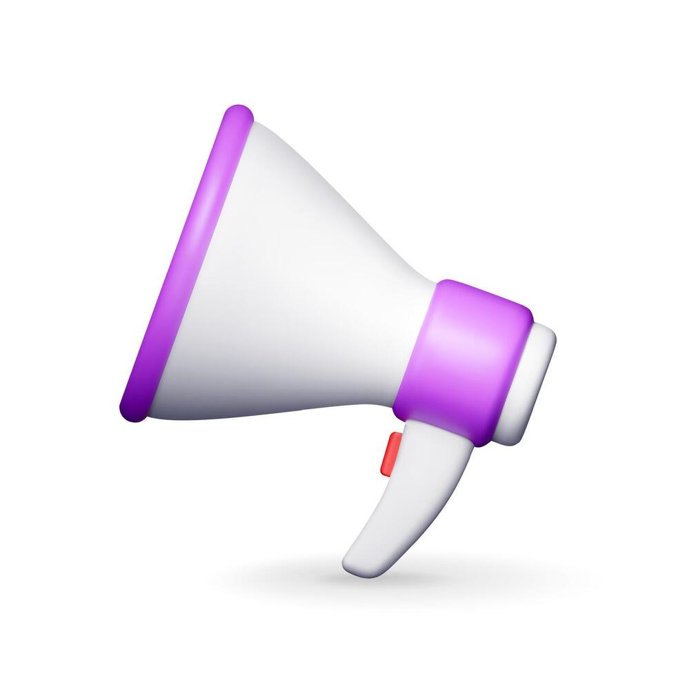 3D megaphone isolated on white. Render plastic megaphone realistic. Modern bullhorn or loudspeaker. Announcement message, marketing, job vector