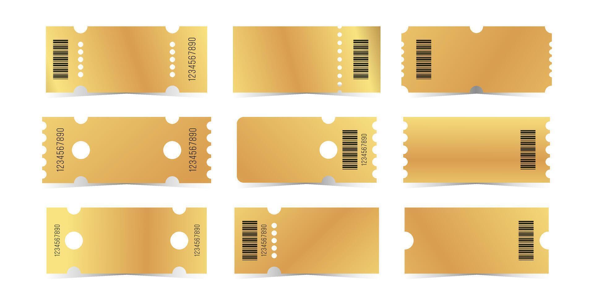 Golden tickets template set. Empty gold coupon blank with barcode and number. illustration collection on white background vector