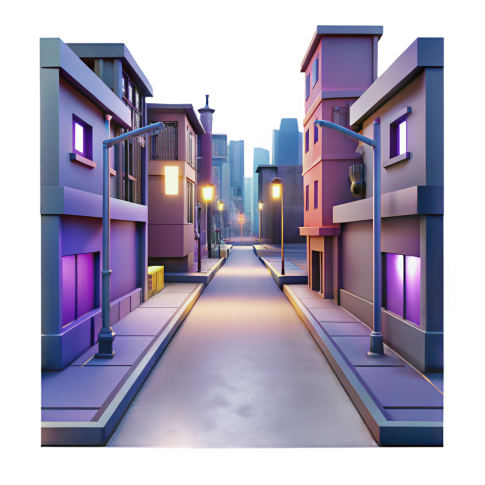 Evening City Street Low Poly 3D Render of Urban Scene png