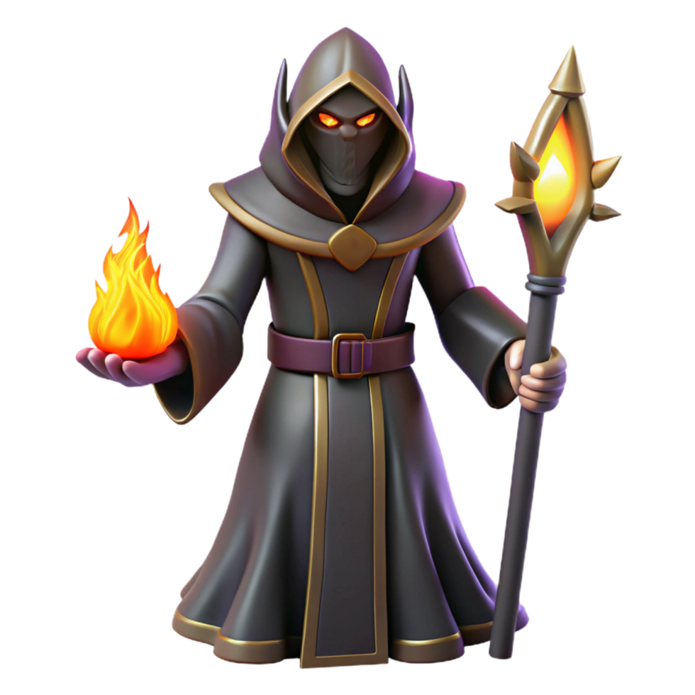 Dark Wizard with Fire and Staff 3D Render of Fantasy Sorcerer png