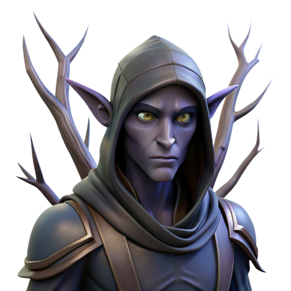 Fantasy Elf Archer with Antlers 3D Render of Hooded Figure png