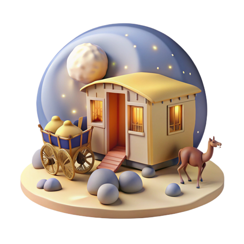 Night Scene 3D Render of Caravan, House, and Camel Under Moonlit Sky png