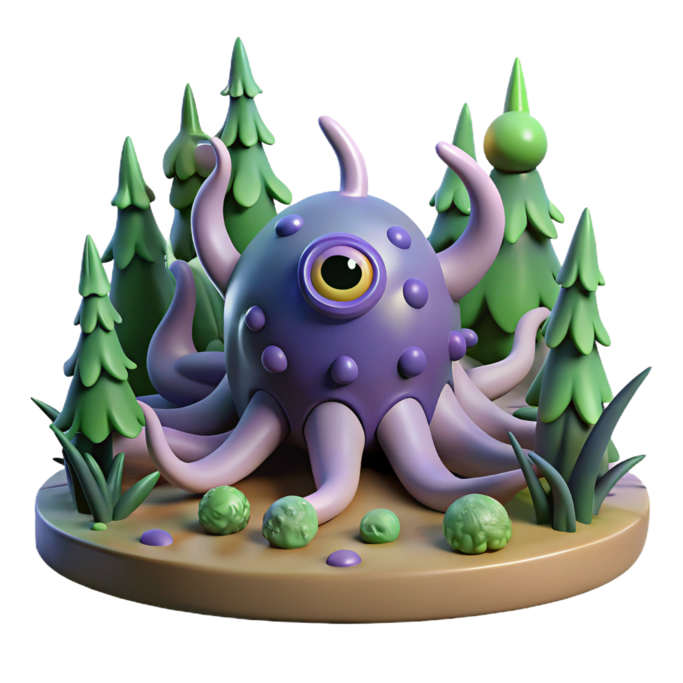One Eyed Forest Creature 3D Render of a Purple Octopus like Monster in a Pine Tree Grove png