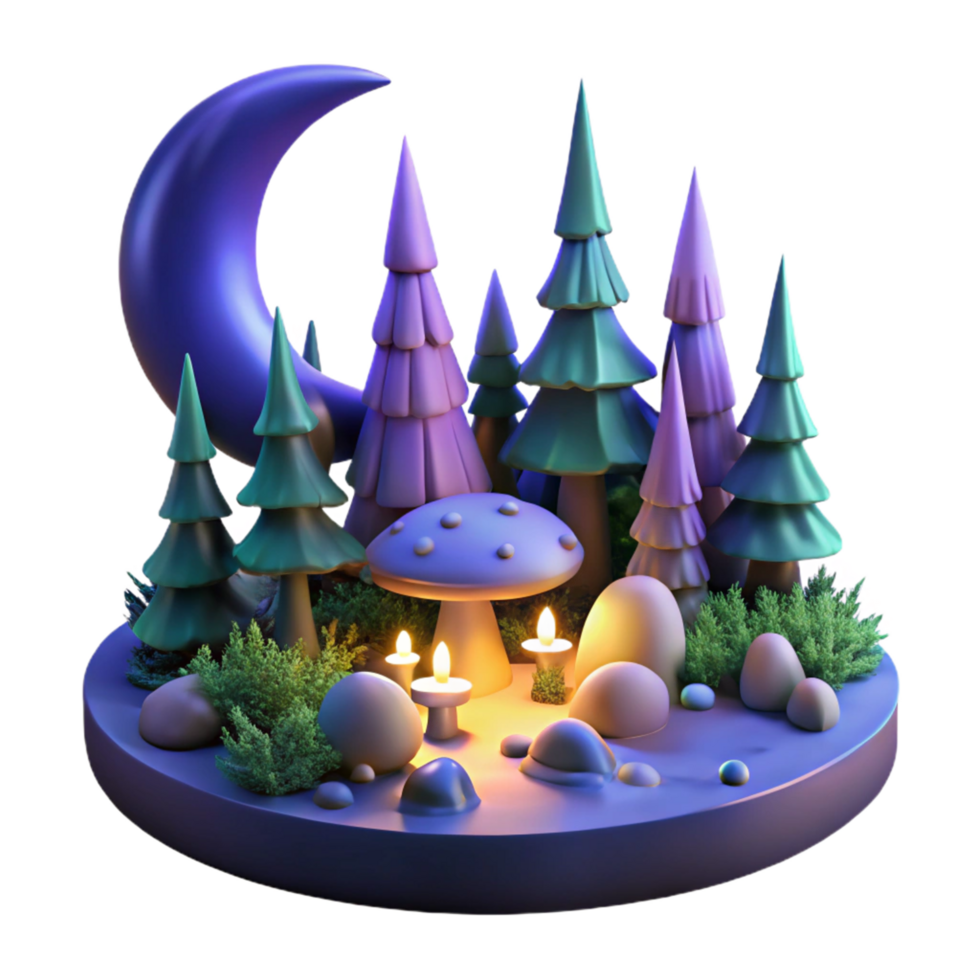 Enchanted Moonlit Forest 3D Render of Fantasy Night Scene with Mushroom, Candles, and Trees png