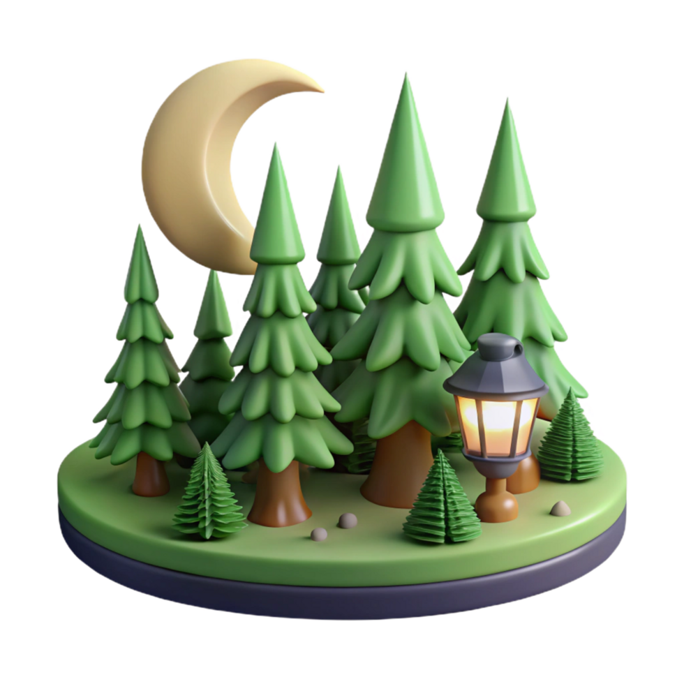 Night in the Forest 3D Render of Moonlit Evergreen Trees and Lantern png