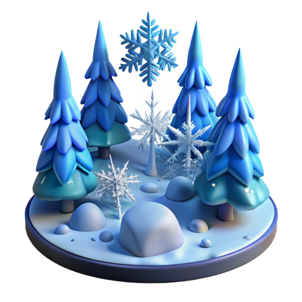 Winter Wonderland Scene 3D Render of Snowy Landscape with Pine Trees and Snowflakes png