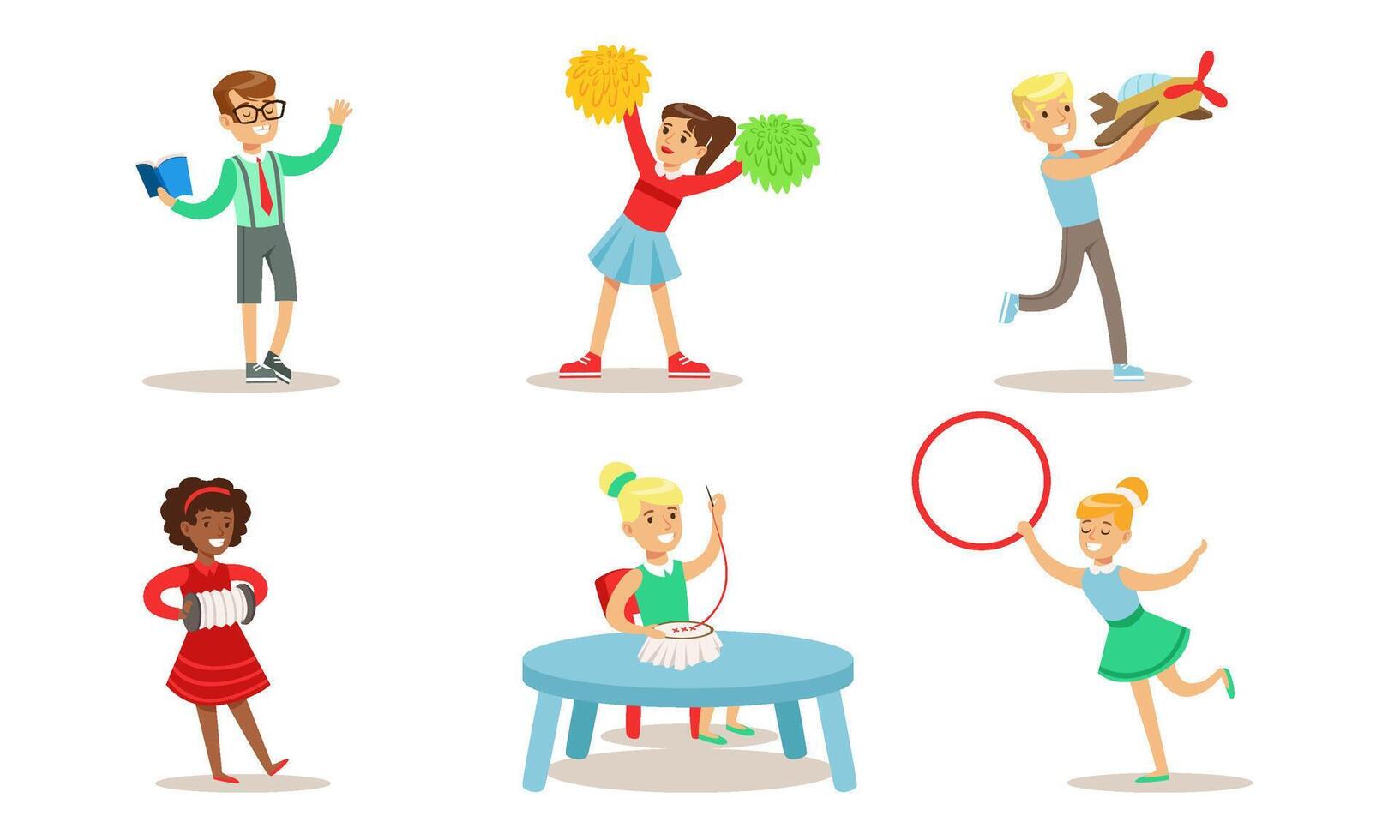 School Children Hobbies Set, Teenagers Boys and Girls Making Application, Doing Gymnastics, Dancing, Playing Music, Modeling Aircraft Illustration vector