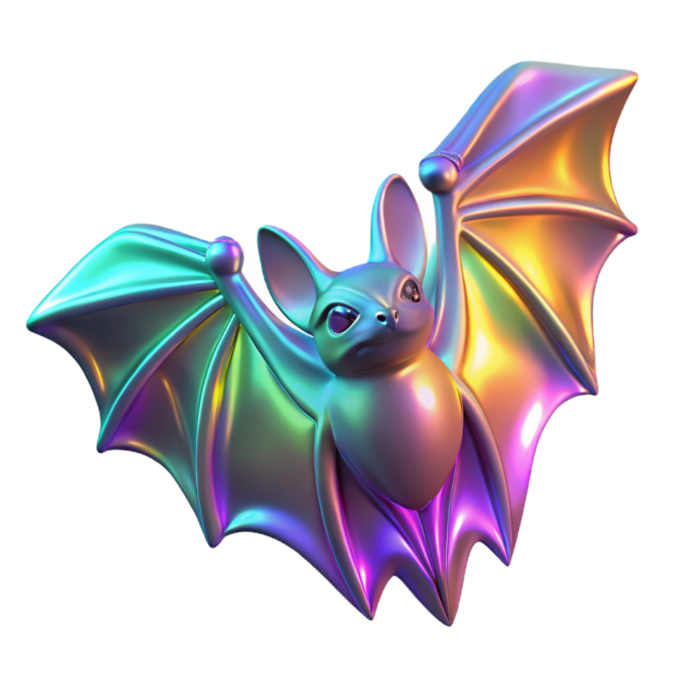 Iridescent Bat Digital Render 3D Model, Colorful Wings, Fantasy Creature, Abstract Art, Night Creature, Halloween Decoration, Shiny Texture, Purple Hues, Cyberpunk Aesthetic, Glow Effect png