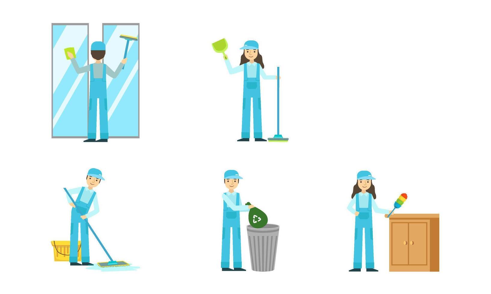 Set of cleaners in overalls at work. illustration. vector