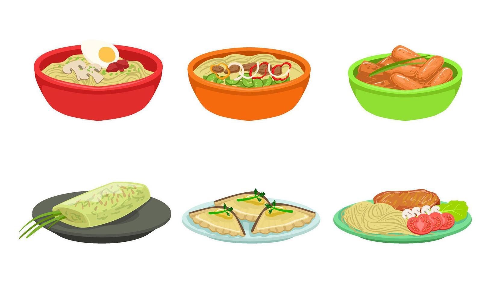 Set of ready meals on plates. illustration. vector