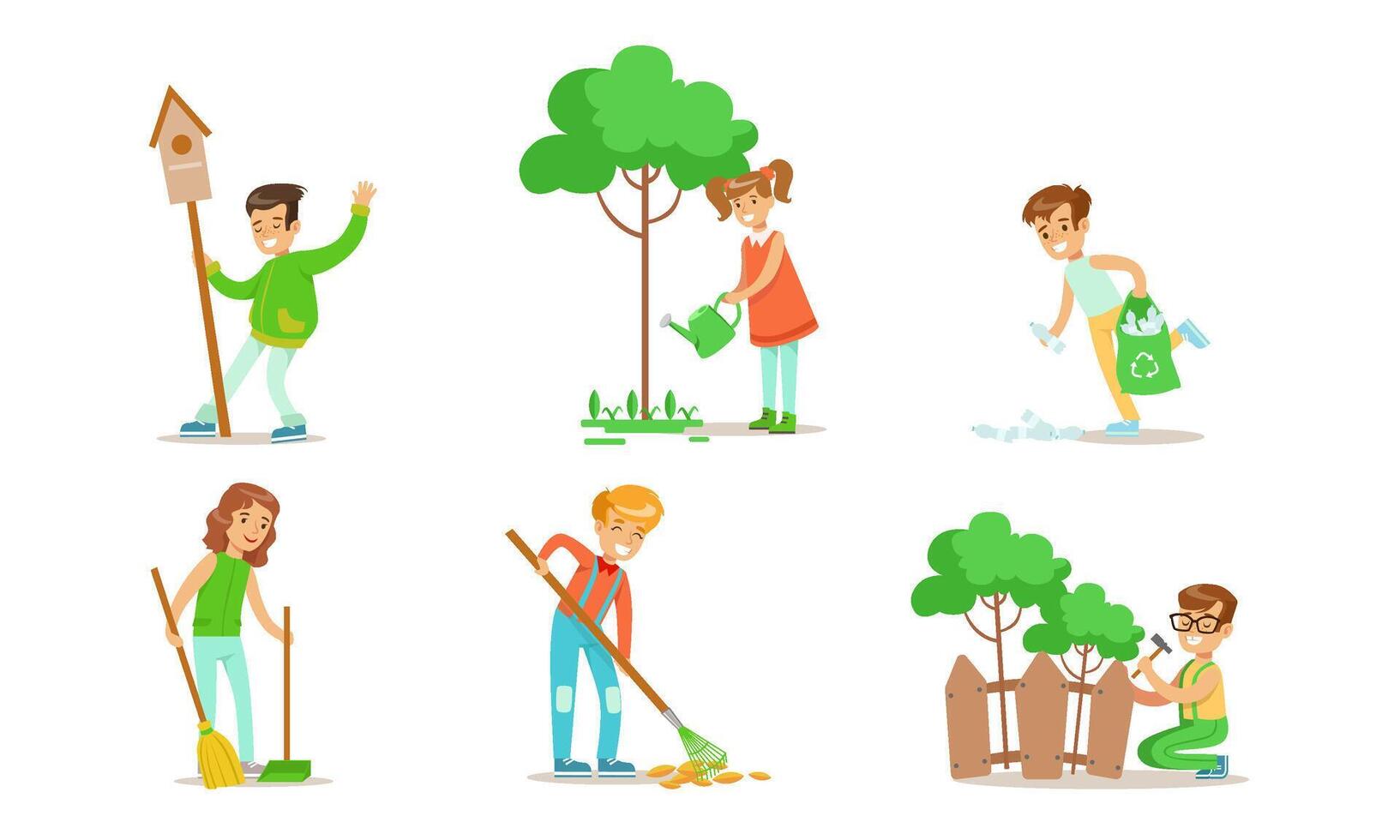 Children Volunteering in the Garden or Park Set, Teen Boys and Girls Gathering Garbage, Watering Trees, Repairing Fence, Sweeping and Raking Leaves Illustration vector