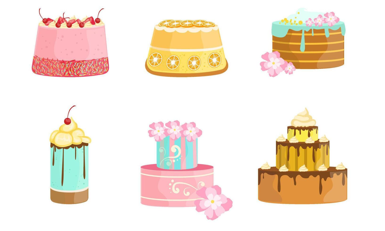 Set of cakes decorated with berries and flowers. illustration. vector