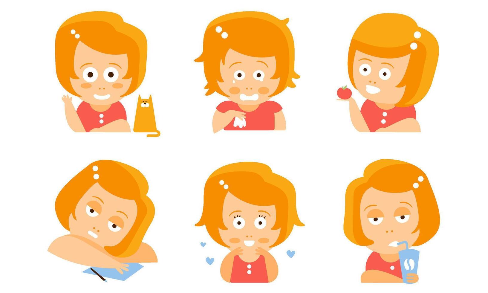 Cartoon red-haired girl in everyday activities. illustration. vector