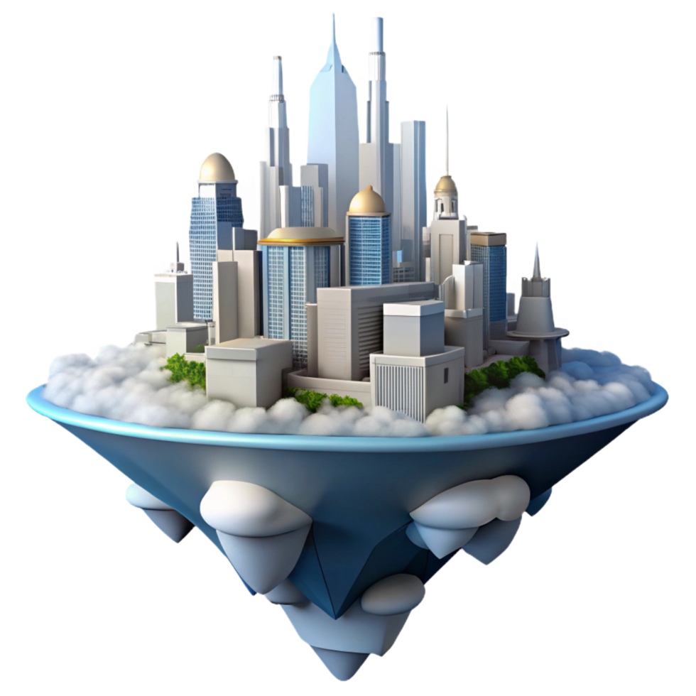 Floating Cityscape A 3D Render of an Urban Center on Clouds png