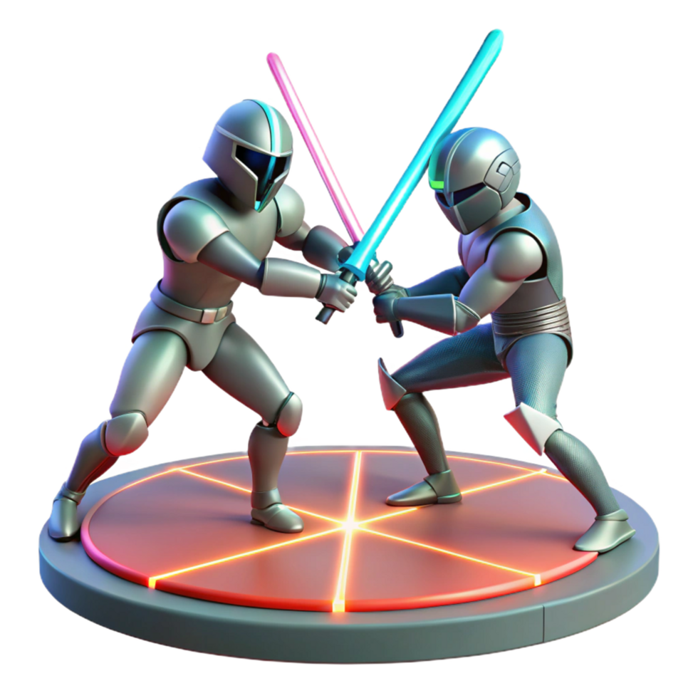 Futuristic Robot Duel Lightsaber Combat on Illuminated Arena png