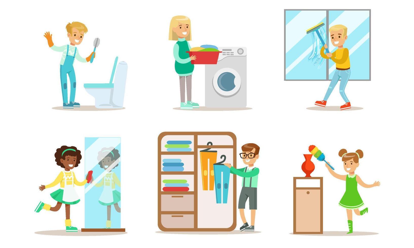 Cute Children Doing Housework Set, Boys and Girls Cleaning Windows, Folding Clothes, Loading Laundry to Washing Machine, Kids Helping Parents with Housekeeping Illustration vector