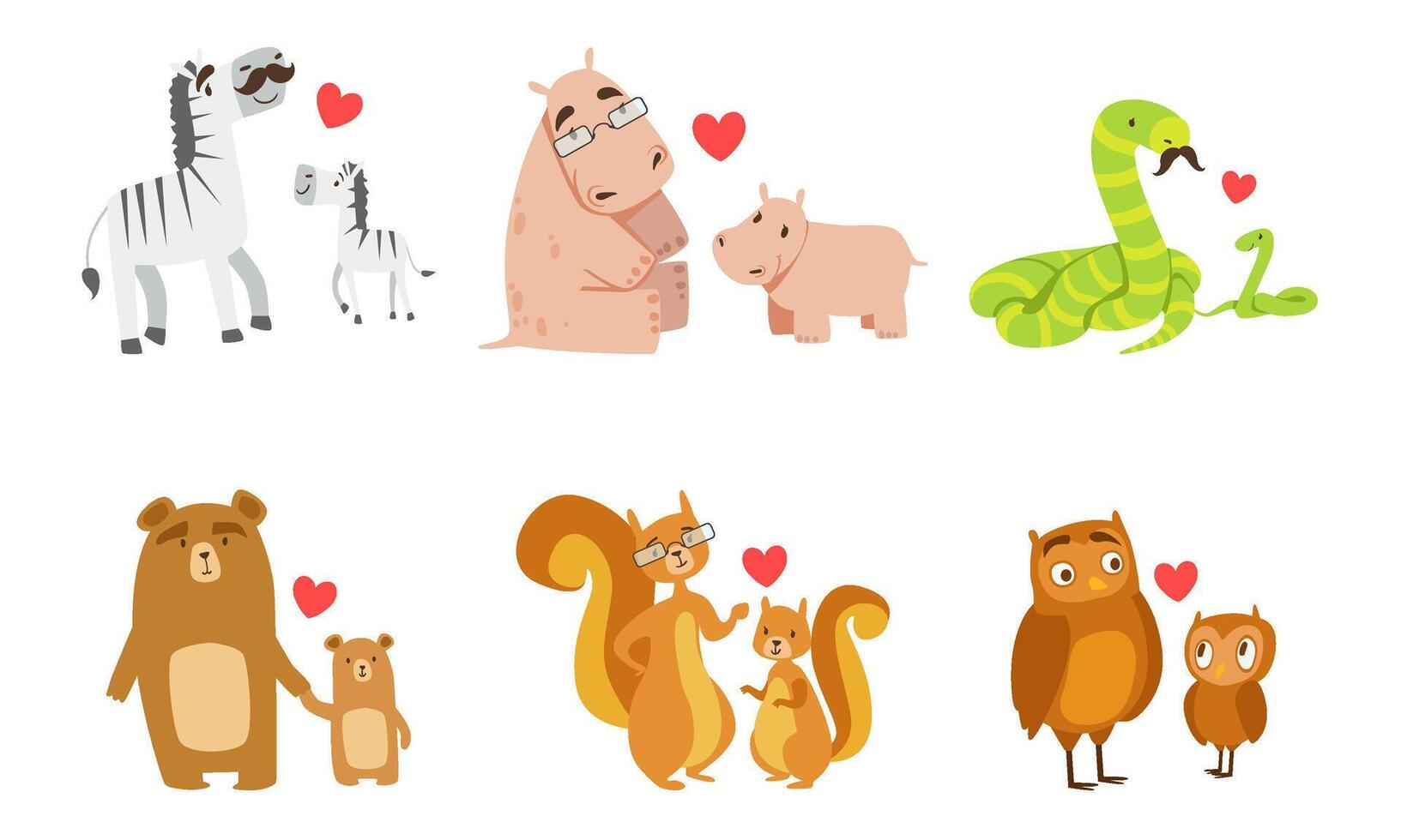 Cute animals couple dad and baby. illustration. vector