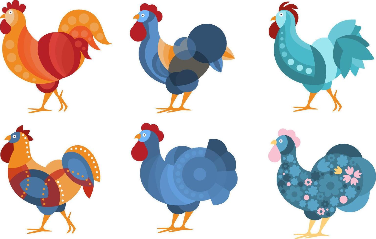Set of roosters with creative pattern. illustration. vector