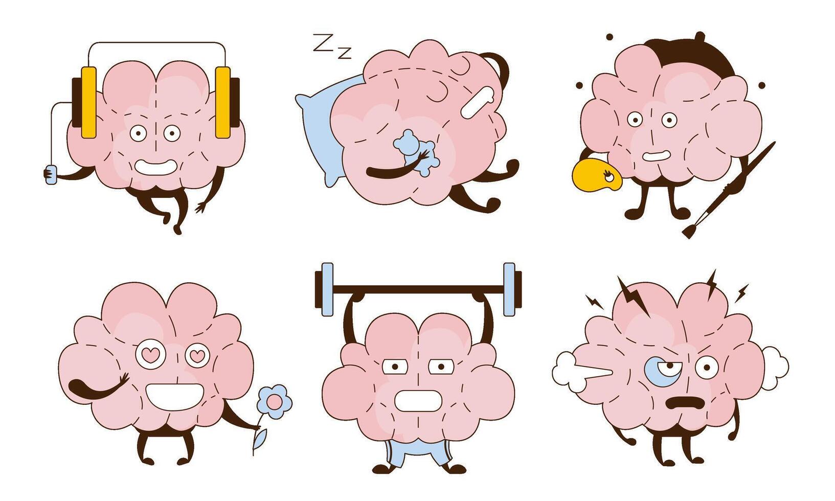 Set of cartoon brains in different life situations. illustration. vector